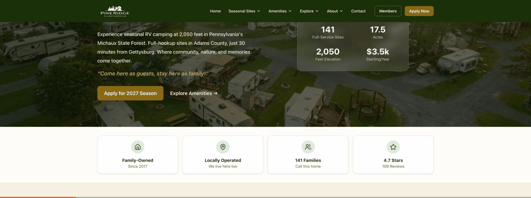 Pine Ridge Campground website showing homepage, trust badges, and event calendar